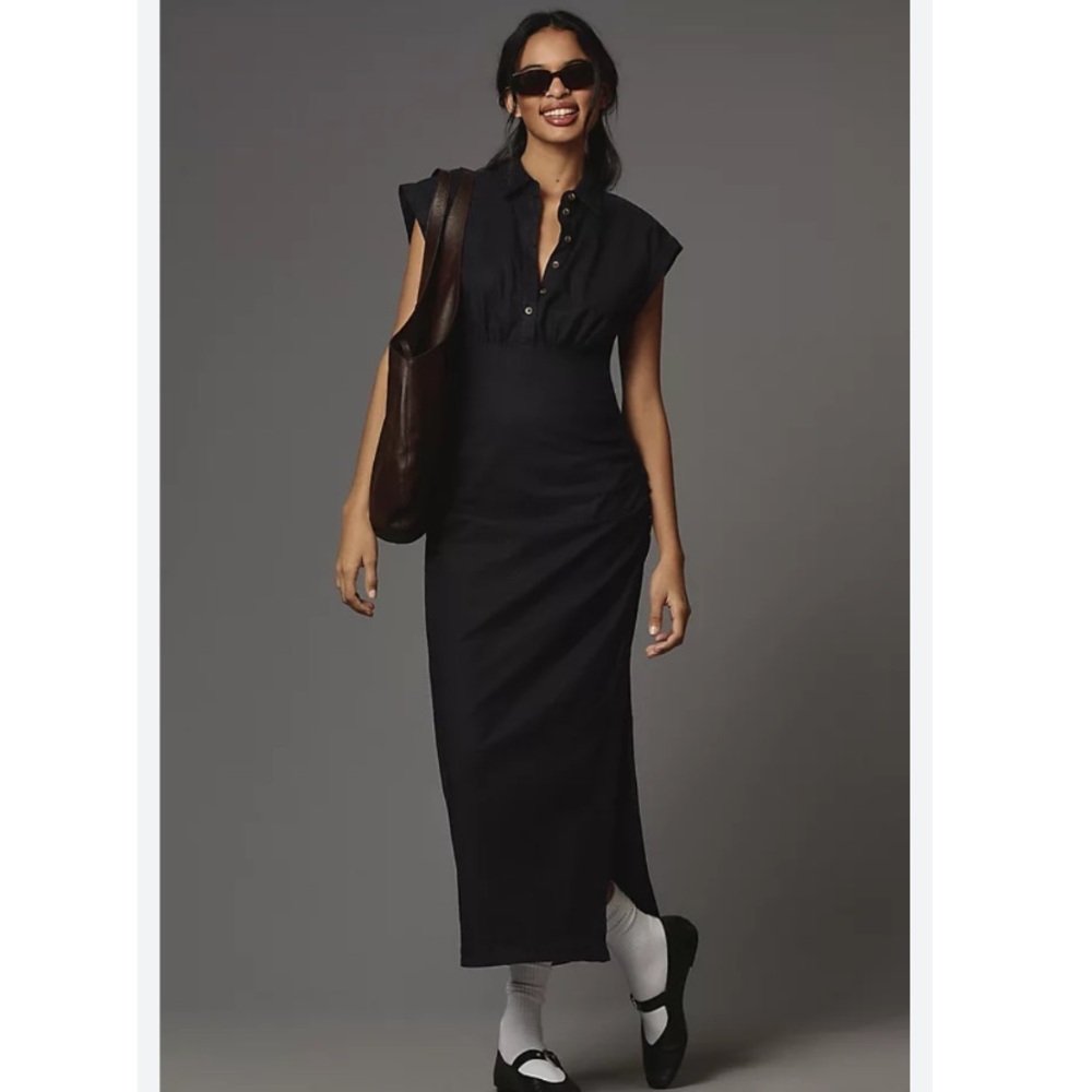 BY ANTHROPOLOGIE CAP-SLEEVE V-NECK RUCHED SLIM MIDI DRESS